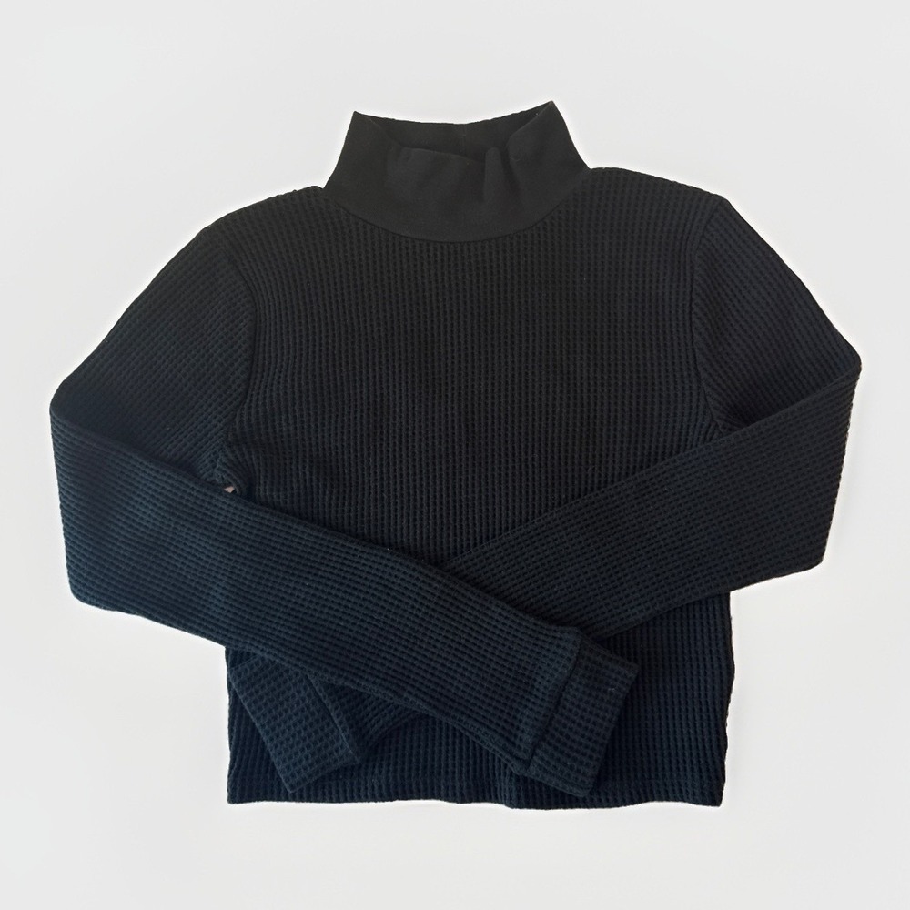 Aerie Womens Black Waffle Knit Mock Neck Cropped Thermal Shirt Medium M